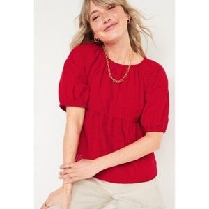 Old Navy Red Puff-Sleeve Seersucker Babydoll Swing Blouse